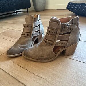 Tan Suede Ankle Booties with Cut-Out Design